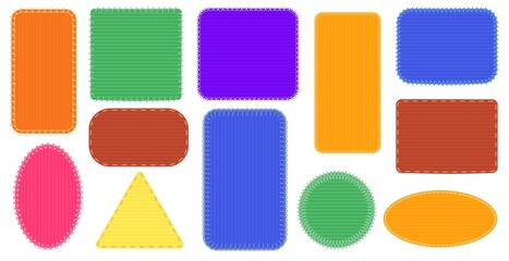 fabric patches frames. triangle and rectangle seam, oval colored badge, canvas stitch frame illustra