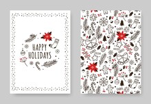 Hand Drawn Winter Holidays Card. Xmas Decoration Drawing Vintage Poster Banner On Invitation Cards With Pattern And Xmas Elements Illustration