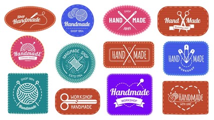 Wall Mural - Handmade badges logo, graphic logotype tag label, quality handmade company, craft tailor and sewing, vector illustration