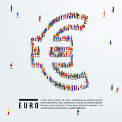 Wall Mural - Euro sign. Large group of people form to create euro sign. Vector illustration. Currency of Europe.