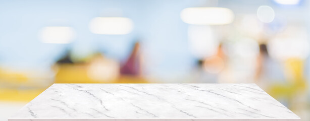 Aufkleber - Perspective marble table with people in restaurant blur background.coffee shop with bokeh light,Mockup  banner for display of product