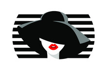 Beautiful Woman In Black Retro Style Fashion Hat, Red Lipstick, Black Stripes Background. Vector Fashion Illustration.	
