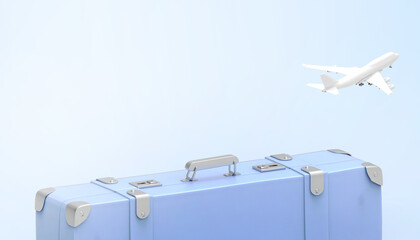 Wall Mural - Suitcase blue with Travel Bag Holidays concept and Plane on blue - Green  background.minimal style - 3d rendering