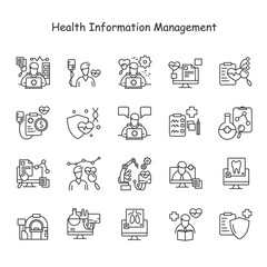 Medical management line icons set.Information technologies,diagnostics,innovations,equipment,treatment and data recording and more.Healthcare and health information management concept.Editable stroke 