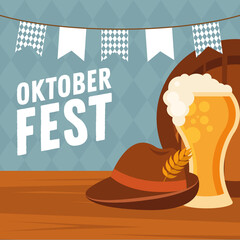 oktoberfest beer glass with hat and banner pennant vector design