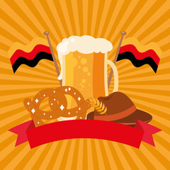 Wall Mural - oktoberfest beer glass pretzel and hat vector design