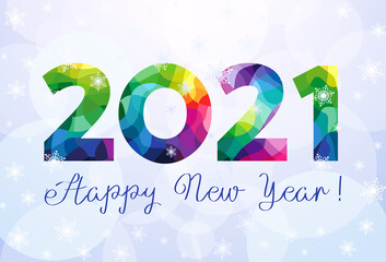 Wall Mural - 2021 A Happy New Year congrats concept. Stained glass logotype. Beautiful snowy backdrop. Abstract isolated graphic design template. Decorative numbers. Coloured digits. Creative colorful decoration.