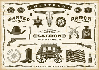 vintage old western set. editable eps10 vector illustration in retro woodcut style with transparency