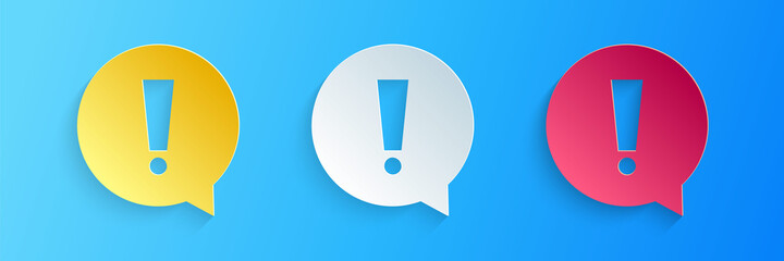 Paper cut Exclamation mark in circle icon isolated on blue background. Hazard warning symbol. Paper art style. Vector.