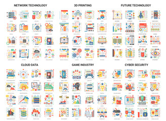 Aufkleber - Complex concept flat icons vector illustration, modern design icon set future technology, smart city symbols, cloud data network tech security, 3d printing, tech video game industry icon