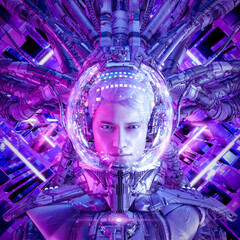 Wall Mural - starship to infinity / 3d illustration of science fiction male futuristic astronaut inside brightly 