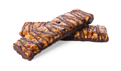 Tasty granola bars with chocolate on white background