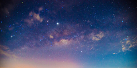 Amazing Panorama blue night sky milky way and star on dark background.Universe filled with stars, nebula and galaxy with noise and grain.Photo by long exposure and select white balance.selection focus