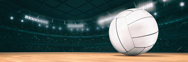 Wall Mural - Sport indoor arena with volleyball ball on the wooden floor as widescreen background. Digital 3D illustration of sport building interior.