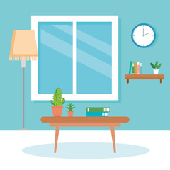 Poster - interior of home scene with table, lamp, window and decoration vector illustration design