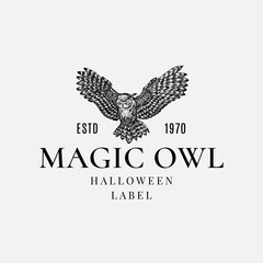 Wall Mural - halloween logo or label template. hand drawn evil flying owl bird sketch symbol and retro typography