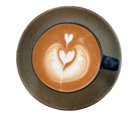 Wall Mural - Top view hot coffee cappuccino latte art flower heart shape in ceramic cup isolated on white background clipping path included