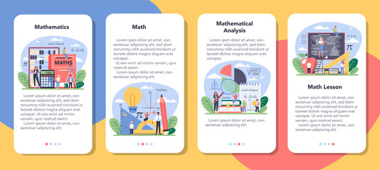 Math school subject mobile application banner set. Learning mathematics