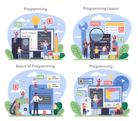 IT education concept set. Student write software and create code