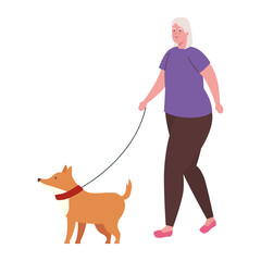 Poster - old woman walking with dog mascot in white background vector illustration design