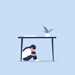 Kid under desk illustration. Clipart image.