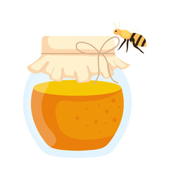 Poster - honey jar with bee flying, in white background vector illustration design