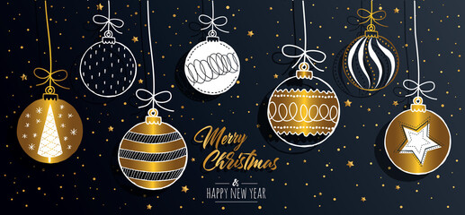 Merry Christmas greeting card set with golden text elements and modern hand drawn baubles. Vector illustration.
