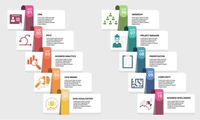 Wall Mural - Infographic Business Intelligence template. Icons in different colors. Include Crm, Agile, Business Analytics, Data Mining and others.