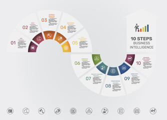 Wall Mural - Infographic Business Intelligence template. Icons in different colors. Include Crm, Agile, Business Analytics, Data Mining and others.