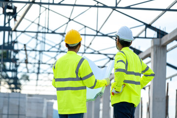 Aufkleber - Engineer and architect discussing meeting with blueprint and ideas about building structure on construction site.