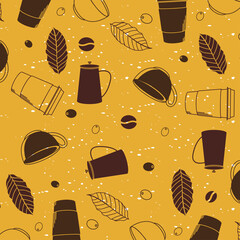 Poster - coffee mugs and leaves background vector design