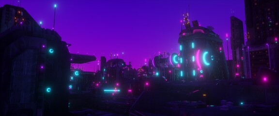 Wall Mural - Purple neon night in a cyberpunk city. Futuristic cityscape against blue-purple sky. City of a future with bright neon lights. Grunge urban wallpaper. 3D illustration.