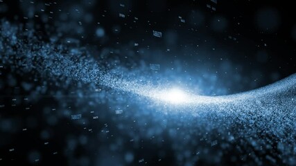 Wall Mural - futuristic network data flying with motion dots and sun light effects. cyberspace on dark blue colou