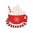 Hot cocoa mug whipped cream flat vector icon