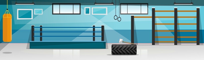 Wall Mural - Sport club interior in flat style. Fight club with ring arena and sport equipment. Gym Vector illustration