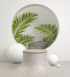 Fototapeta Perspektywa 3d - Mockup Minimal Stone Podium And Tropical Palm Leaves With Rock White Background 3d Render