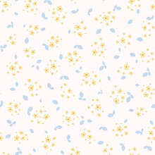 Liberty Pattern. Vector Seamless Texture With Small Scattered Yellow Flowers And Blue Leaves On White. Elegant Floral Background. Simple Ditsy Pattern. Repeat Design For Print, Textile, Wallpapers