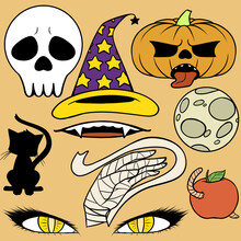 Set Of Halloween Cards. Skull, Hat, Pumpkin, Snake, Black Cat, Red Eyes, Apple, Worm, Hand, Bandages, Skeleton. A Set Of Icons For The Holiday. Illustration.