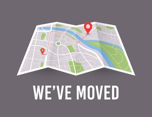 We have moved. Map wit pin pointer. Vector new office icon location