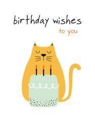 Wall Mural - greeting card with cat and cake, vector illustration