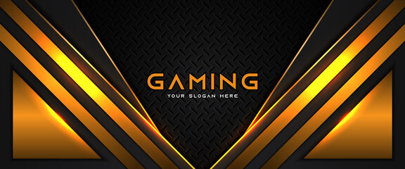 Futuristic orange and black abstract gaming banner design with metal technology concept. Vector illustration for business corporate promotion, game header social media, live streaming background