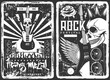 Rock concert, music band party festival, vector grunge vintage poster with skull punk and electric guitar. Hard rock and heavy metal music concert fest, drums and loudspeakers, rose and wings