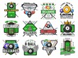 © Vector Tradition - Billiards pool game, snooker sport club icons, vector poolroom championship and tournament. Billiards royal club and pool snooker signs of cues, 8 eight ball with wing, triangle rack and green table