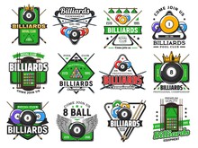 Billiards Pool Game, Snooker Sport Club Icons, Vector Poolroom Championship And Tournament. Billiards Royal Club And Pool Snooker Signs Of Cues, 8 Eight Ball With Wing, Triangle Rack And Green Table