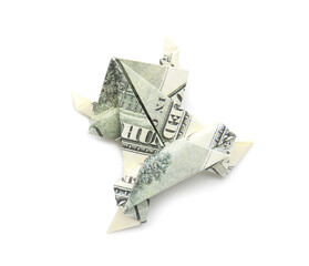 Origami frog made of dollar banknote on white background