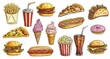 Sketch fast food meals isolated vector icons ice cream in waffle cone, soda drink with ice cubes and burger with french fries. Takeaway donut, pizza and hot dog with taco engraving retro signs set