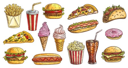 Sticker - Sketch fast food meals isolated vector icons ice cream in waffle cone, soda drink with ice cubes and burger with french fries. Takeaway donut, pizza and hot dog with taco engraving retro signs set