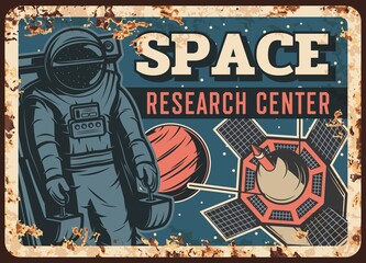 Wall Mural - space research center vector rusty metal plate, astronaut in outer space with mars planet and satell