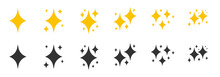 Yellow, Black Flat Sparkles Symbols Icon Set. Element Shiny Flash. Decoration Starry Twinkle. Glitter Bright Different Shape, Burst Firework Glowing Light Effect Isolated On White Vector Illustration