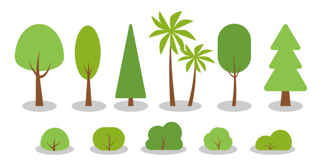 green spring cartoon trees, bushes flat icon set. simple different shape eco organic plant sign. sum